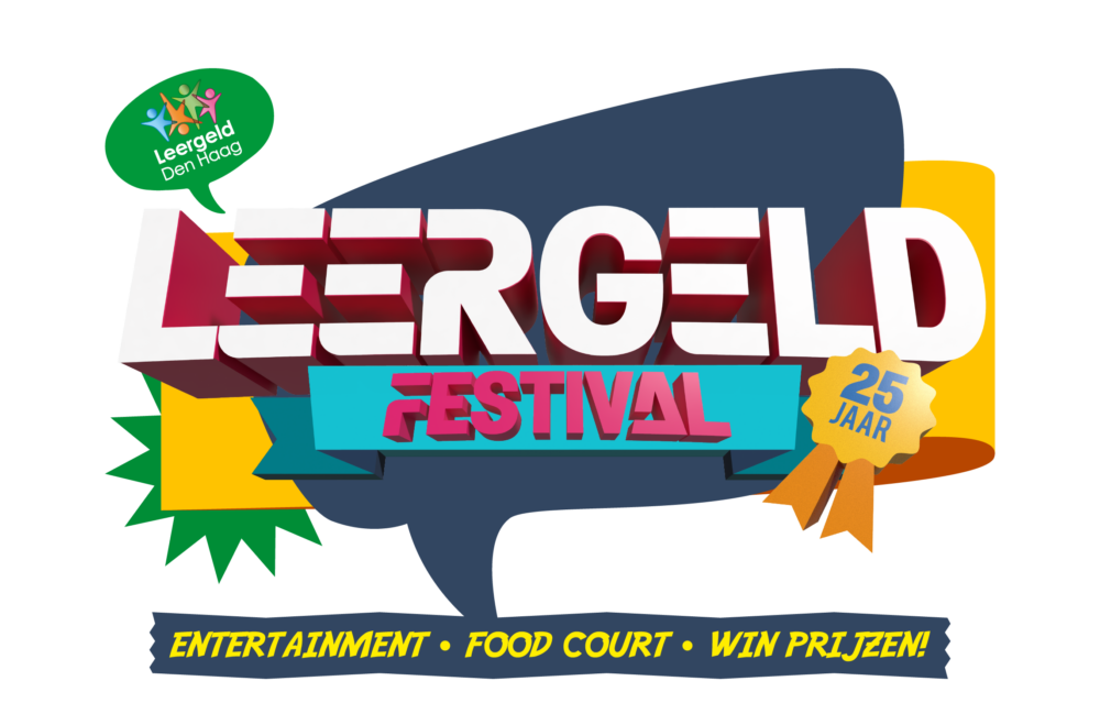 Leergeld Festival logo met kleurrijke 3D-tekst en grafische elementen, inclusief een badge met '25 jaar' en een slogan onderaan.