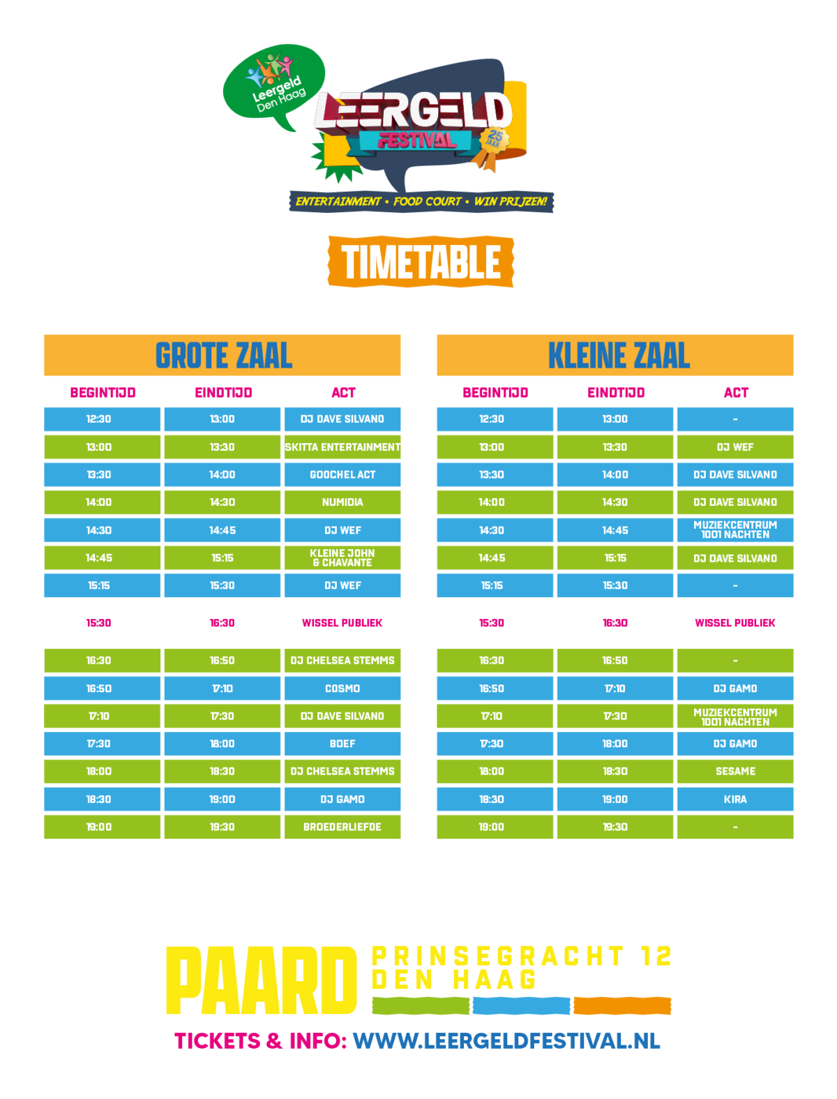 Leergeld Festival 2025 tijdschema met het programma voor de Grote Zaal en Kleine Zaal, inclusief optredens van verschillende artiesten en DJ's in Paard, Den Haag